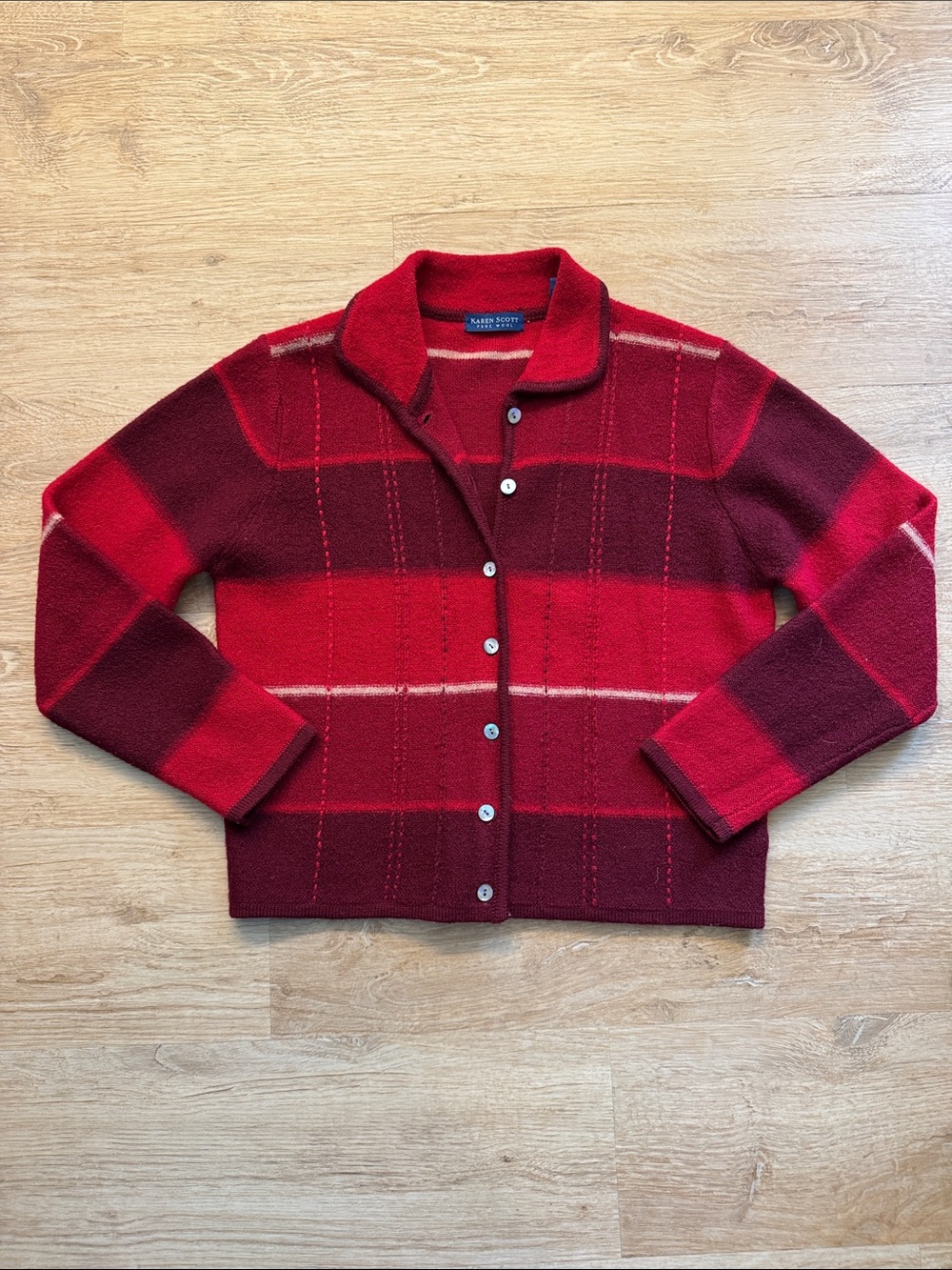 Vintage Karen Scott Red and Burgundy Plaid Shawl-Collar Cardigan pure wool